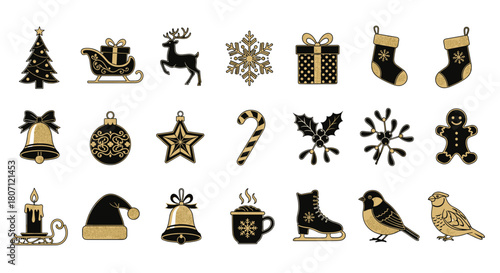 Collection of christmas themed icons including tree reindeer and ornaments
