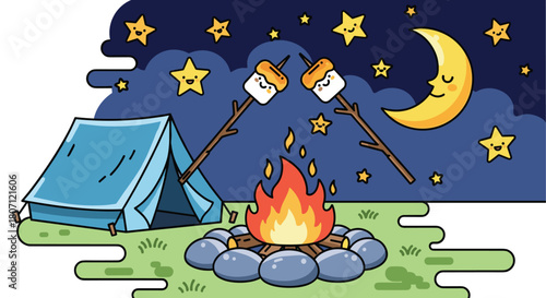 Cute cartoon scene of two marshmallows toasting over a campfire at a campsite with a tent under a starry night sky.