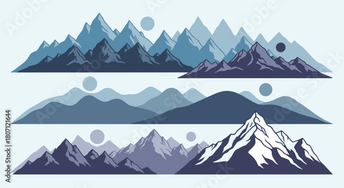 Set of three stylized mountain range landscapes in cool blue and purple tones, illustrating outdoor adventure, nature, and scenic views.