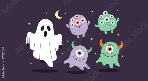 Adorable collection of cute cartoon Halloween monsters and a friendly ghost floating in the night sky, perfect for kids' party invitations.