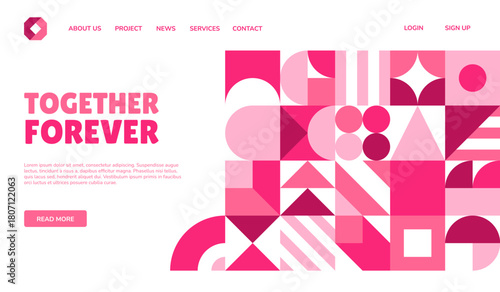 Valentine day landing page template with geometric shapes, vector website. Valentine day or love holiday landing page with user menu buttons layout for website template with red pink geometric shapes