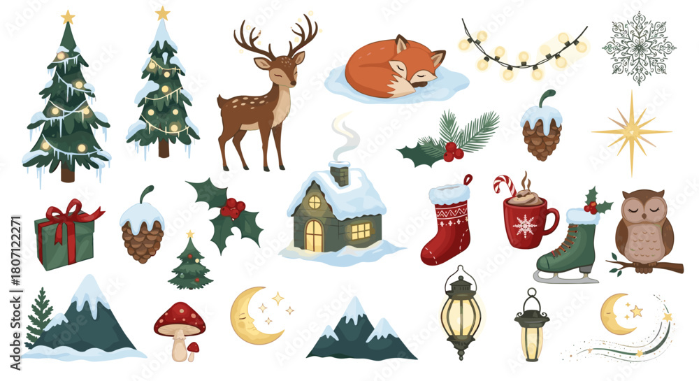 Fototapeta premium A festive collection of winter and christmas themed cartoon illustrations