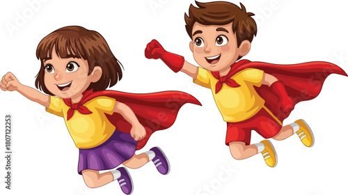 Two children dressed as superheroes flying with red capes and smiling happily.