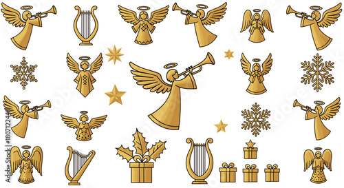 Collection of golden christmas themed illustrations with angels and gifts