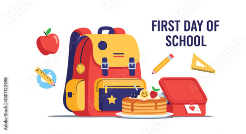 First day of school concept illustration with a backpack, school supplies, an apple, and a healthy packed lunch with pancakes.