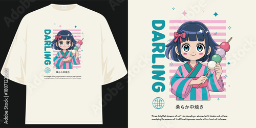 darling anime girl eating dango skewers japanese soft rice dumplings sweet snack kawaii food illustration
