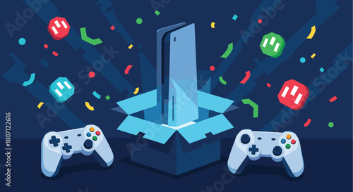 Exciting giveaway or new product launch concept, featuring a modern gaming console emerging from a glowing box with controllers and confetti.