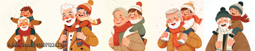 Grandpa holding his happy grandson in winter