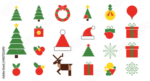 Illustration of christmas themed icons including trees gifts and reindeer