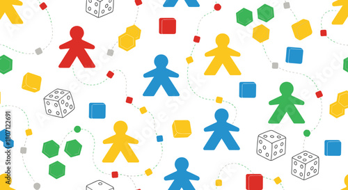 Fun seamless pattern for board game lovers, featuring colorful meeples, game cubes, and hand-drawn dice connected by dotted paths.