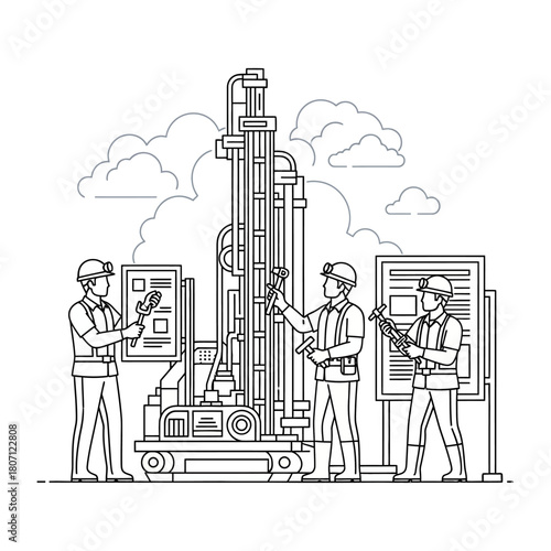 Illustration of workers operating drilling machinery with charts.