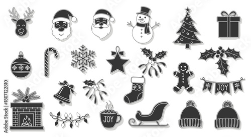 Collection of christmas themed icons including santa and a snowman tree