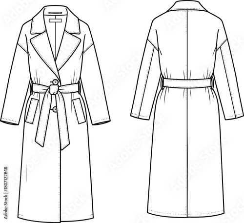 Flat vector illustration of trench coat technical sketch, front and back view, fashion design template, garment construction, clothing icon