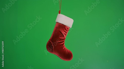 Red christmas stocking with white fur trim hanging on a green screen background