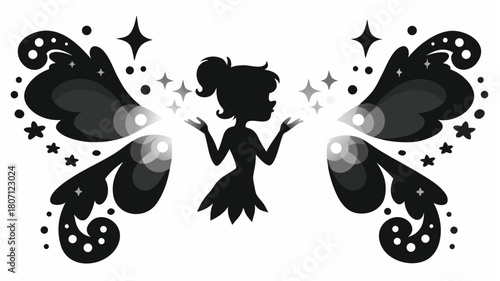 Enchanting fairy silhouette casting magical sparkles, perfect for whimsical designs, children's illustrations, and fantasy themed projects