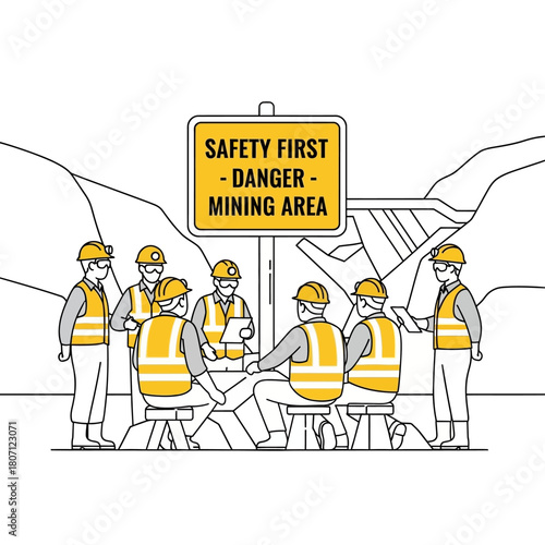 Line art illustration of a team of miners in safety vests and hard hats holding a toolbox talk at a mining site.