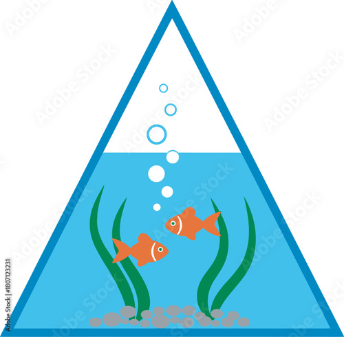 Two goldfish in triangle aquarium, seaweed, bubbles, water vector illustration 