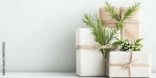Festive Gift Ensemble: An array of elegantly wrapped gifts, adorned with natural accents and tied with rustic twine, exudes a sense of warmth and anticipation.