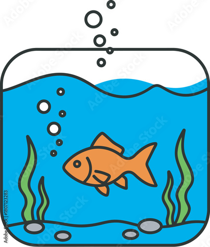 Cartoon goldfish swimming in a fishbowl with aquatic plants vector illustration 