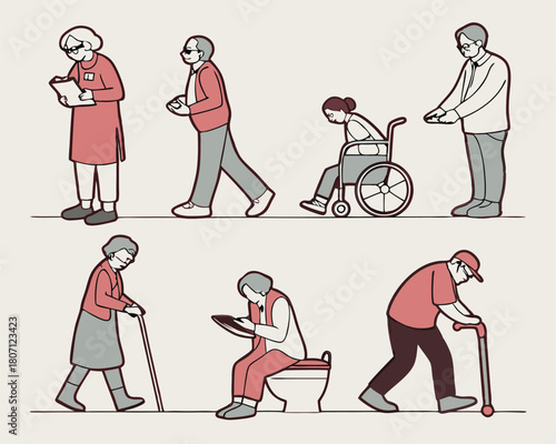 Elderly people daily activities and health illustration demonstrating their various movements and needs on white