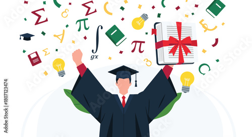 Successful graduate in a cap and gown celebrates academic achievement with floating math symbols, books, and light bulbs overhead.