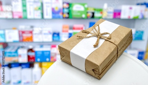 Gift box with bow in a pharmacy.