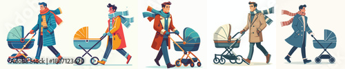 a man pushing a baby stroller in winter