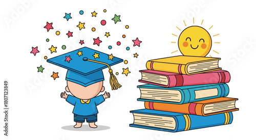 Cute cartoon child wearing a blue graduation cap celebrates academic success next to a tall stack of books with a smiling sun.