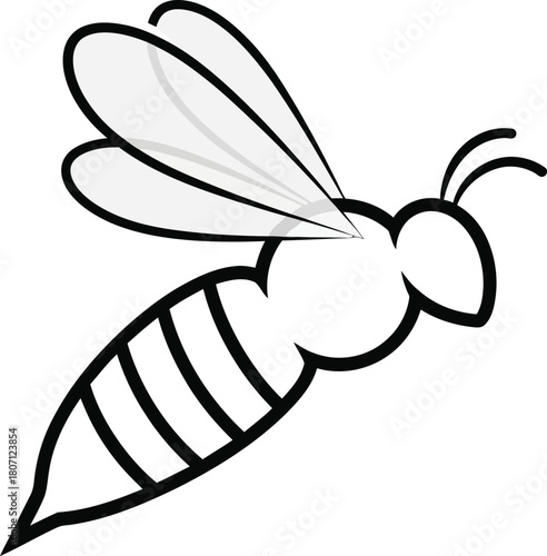 Simple line art illustration of a flying bee with striped abdomen and translucent wings on a white background