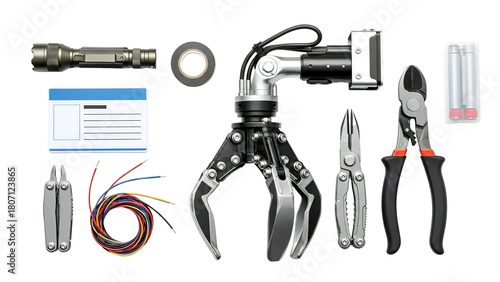 Mechanical Robotic Claw With Assorted Tools Including Pliers Wire Cutters Multimeter Flashlight And Electrical Tape On A Black Background
