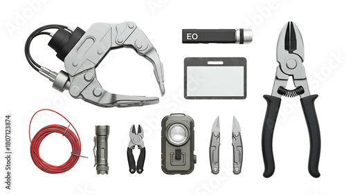Various Tools Including Robotic Claw Pliers Wire And Flashlight Arranged On A Transparent Background