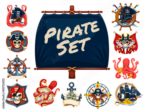 Cartoon pirate heraldry icons of corsair ship wheels, pirate captain skulls and crossed swords. Vector black sail boats, vintage compass and anchor, rope and octopus monster heraldic shield badges set