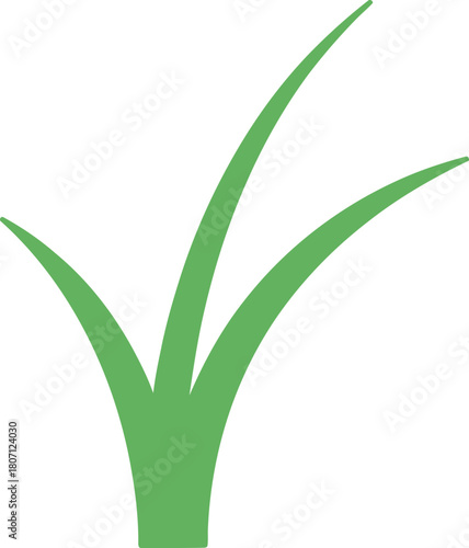 A simple green grass icon with two blades emerging from the base symbolizing nature and growth on a clean white background