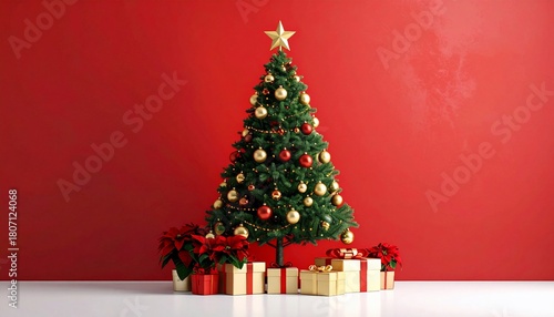 Festive Christmas Tree with Gifts Against a Red Background Celebrating the Holiday Season