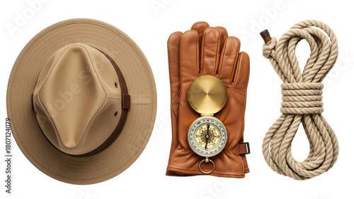 Safari Hat Leather Gloves With Compass And Rope Arranged For Adventure And Exploration On Transparent Background