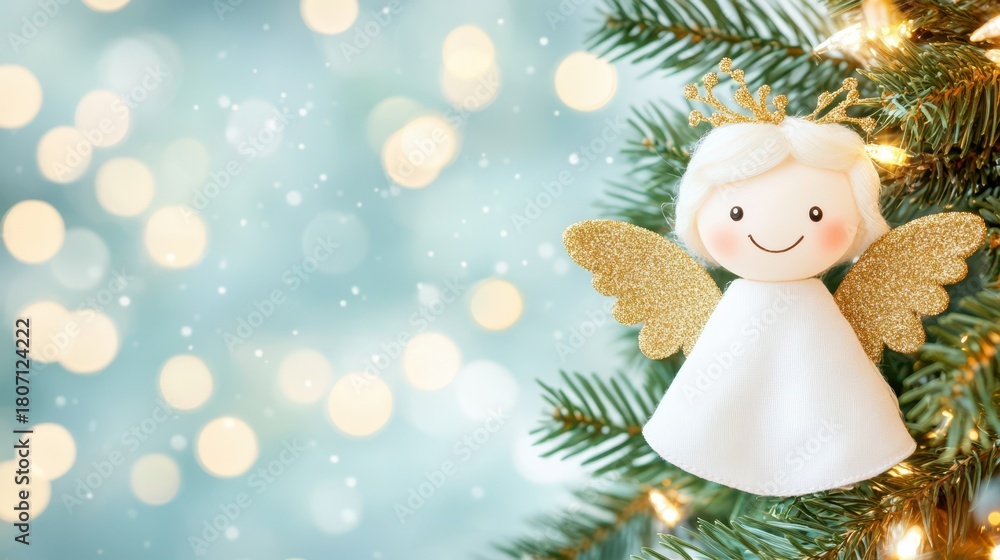 Fototapeta premium Holiday Angel: A handmade angel, adorned with gold wings, rests gently amidst the festive embrace of an evergreen tree. Shimmering bokeh lights create a magical backdrop.