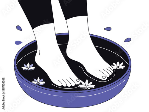 Feet soaking in a relaxing spa bath infused with water and lotus flowers for wellness