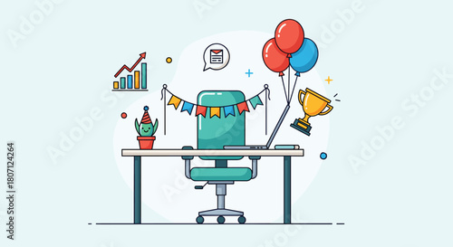 Festive office environment celebrating a business success or milestone with a decorated chair, laptop, balloons, trophy, and party cactus.