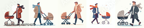 a man pushing a baby stroller in winter