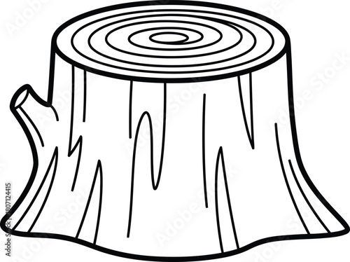 Simple black and white line drawing illustration of a tree stump with visible growth rings and a small branch stub