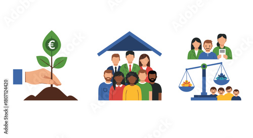 Conceptual icons about social and economic themes, including green investment, community housing, and wealth inequality.