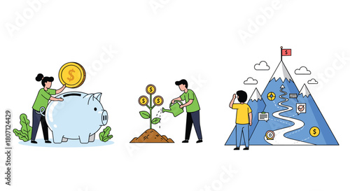 Motivational illustrations about achieving financial goals, including saving in a piggy bank, investing, and mapping a path to success.