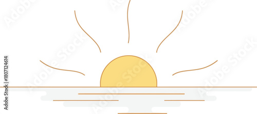 Minimalist illustration of a vibrant yellow sun rising or setting over a calm reflective body of water with subtle light rays