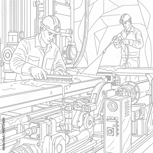 Line art illustration of two miners in safety helmets working with industrial machinery inside a mine.
