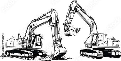 Two heavyduty excavators depicted in a detailed black and white illustration ready for construction.