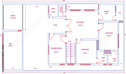 Complete house floor layout vector showing bedrooms, kitchen, lounge, baths, and structural details for architectural drawing and construction documentation 33x96.6