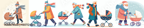 a grandfather pushing a baby stroller in winter