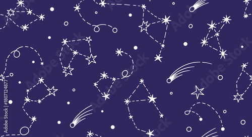 Magical seamless pattern of white hand-drawn constellations, stars, and comets scattered across a deep indigo night sky background.