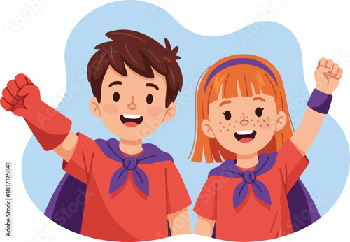Two smiling children dressed as superheroes with capes and gloves.