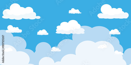 Illustration of a blue sky with white clouds in a flat style. Blue sky background and white clouds. Cartoon sky